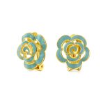 Fashion Enamel 3D White Rose Flower Clip On Earrings Button Style For Non-Pierced Ears Gold Plated