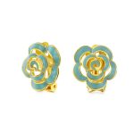 Fashion Enamel 3D White Rose Flower Clip On Earrings Button Style For Non-Pierced Ears Gold Plated