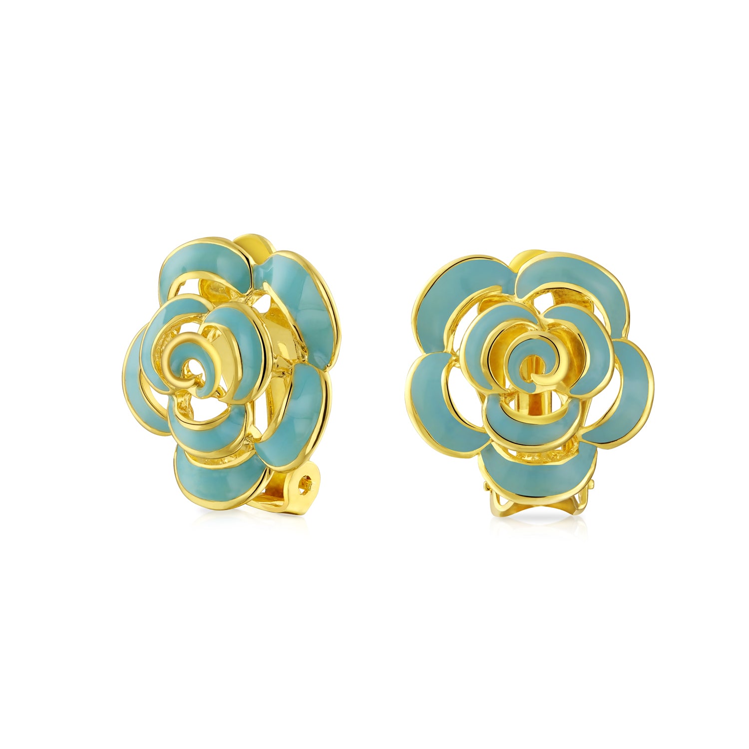 turquoise-gold-plated-clip-on-earrings-ag-se0201-tu-az_1 Fashion Enamel 3D White Rose Flower Clip On Earrings Button Style For Non-Pierced Ears Gold Plated - Image 1