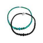 Set of 2 Graduated Blue Turquoise Black Onyx Bead Strand Necklace 18 Inch