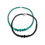 Set of 2 Graduated Blue Turquoise Black Onyx Bead Strand Necklace 18 Inch