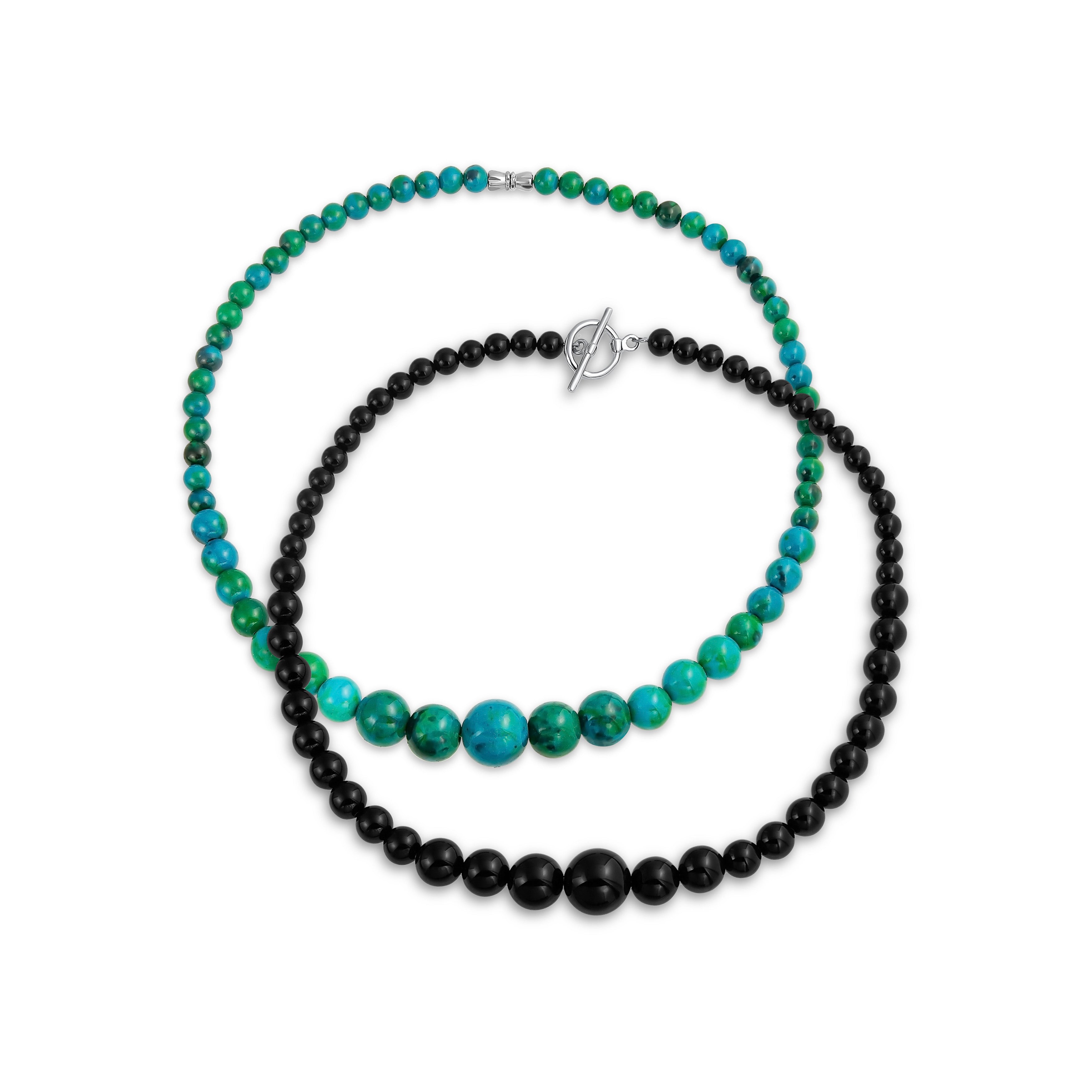 turquoise-graduated-bead-necklace-green_cb-nc11347-set-az_11 Set of 2 Graduated Blue Turquoise Black Onyx Bead Strand Necklace 18 Inch - Image 1