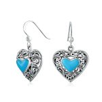 Bali Style Natural Turquoise Heart Shape Scroll Filigree Drop Earrings .925 Sterling Silver