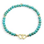 Danity Interlocking Hearts Turquoise Strand Bead Stretch Bracelet Gold Plated Sterling Silver