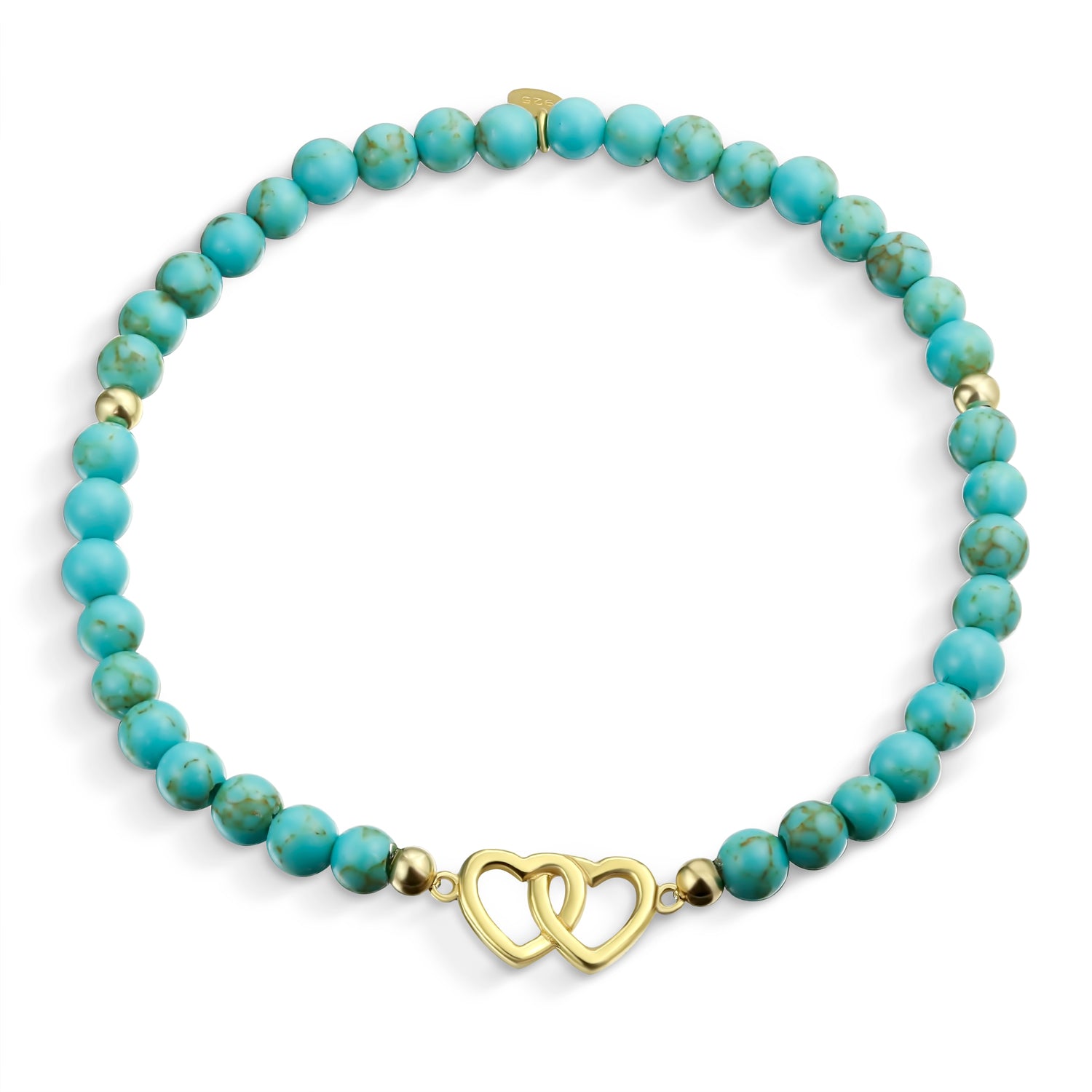 turquoise-interlocking-hearts-stretch-bracelet_pfs-374-0476-az-gold-01 Danity Interlocking Hearts Turquoise Strand Bead Stretch Bracelet Gold Plated Sterling Silver - Image 1