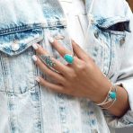 Southwest Large Oval Cabochon Natural Blue Turquoise Bezel Set Statement Ring .925 Sterling Silver - Image 4
