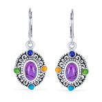 Western Multicolor Dangle Gemstone Earrings Purple Turquoise Sterling Silver - Image 2