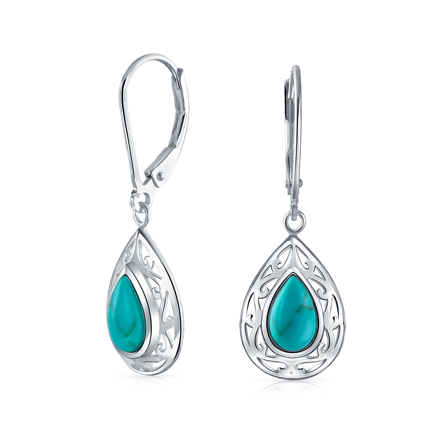 turquoise-pear-shaped-earrings-silver_wj-swe0129-08_1 Western Style Dangle Gemstone Earrings with Blue Lapis Lazuli & Turquoise Onyx - Image 1