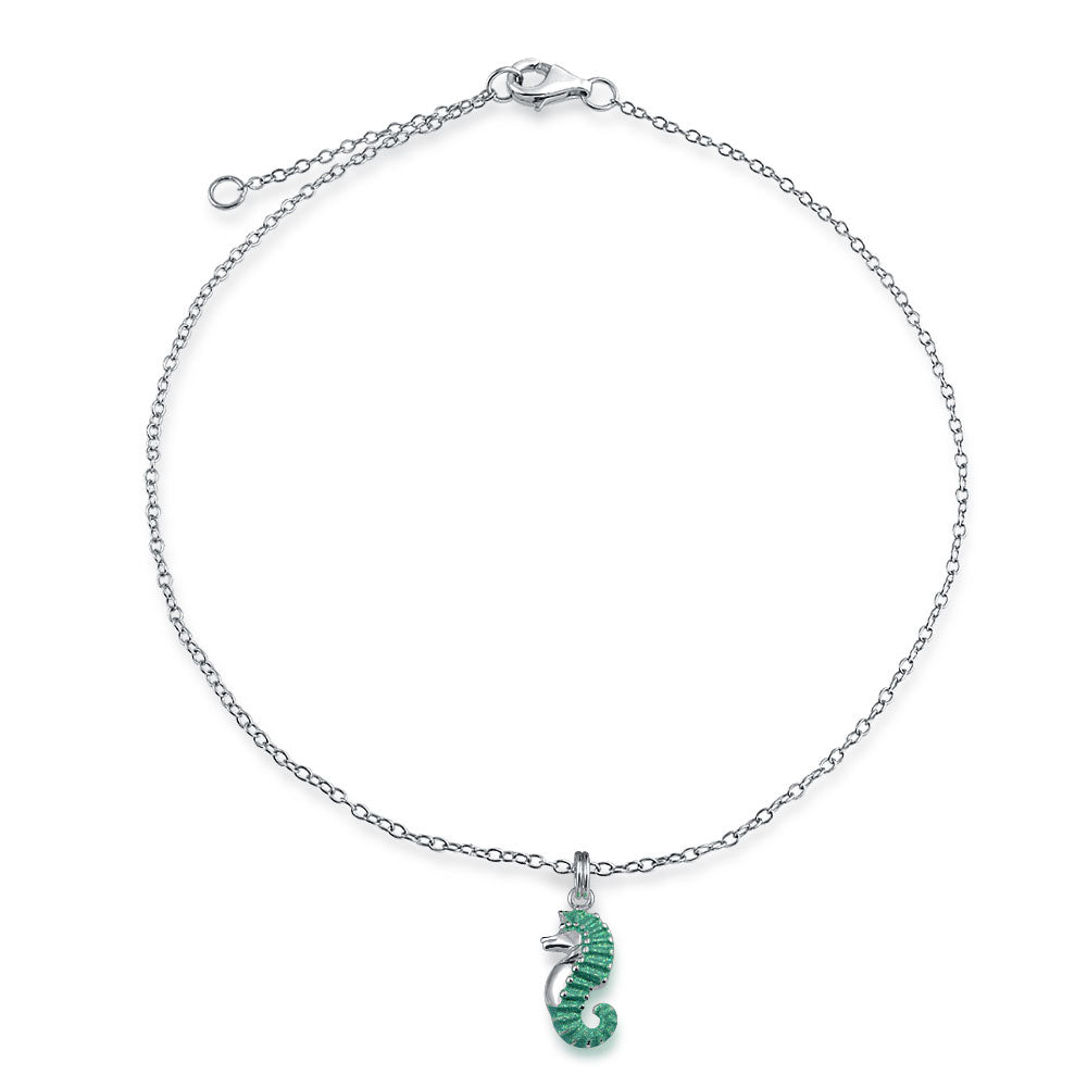 turquoise-seahorse-stardust-charm-anklet_pfs-13-2788_1 Teal Enamel Seahorse Charm Anklet Ankle Bracelet Sterling Silver 9-10 Inch - Image 1