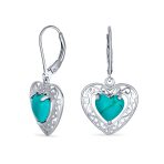 Bali Style Natural Turquoise Heart Shape Drop Earrings Scroll Filigree Sterling Silver Fish Hook