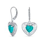 Bali Style Natural Turquoise Heart Shape Drop Earrings Scroll Filigree Sterling Silver Fish Hook