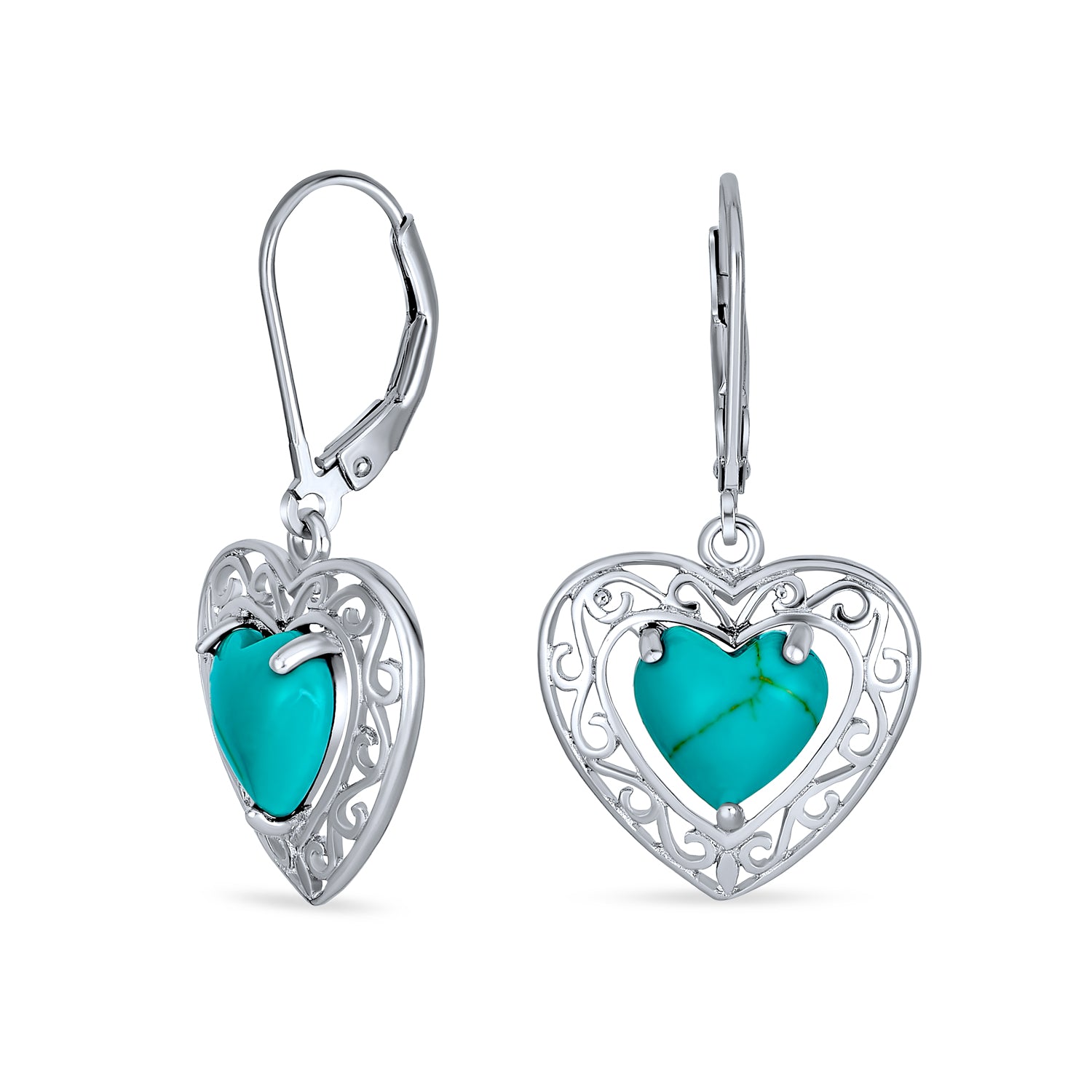 turquoise-silver-heart-leverback-earrings-dangle_wj-swe7766_1 Bali Style Natural Turquoise Heart Shape Drop Earrings Scroll Filigree Sterling Silver Fish Hook - Image 1