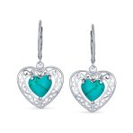Bali Style Natural Turquoise Heart Shape Drop Earrings Scroll Filigree Sterling Silver Fish Hook - Image 2