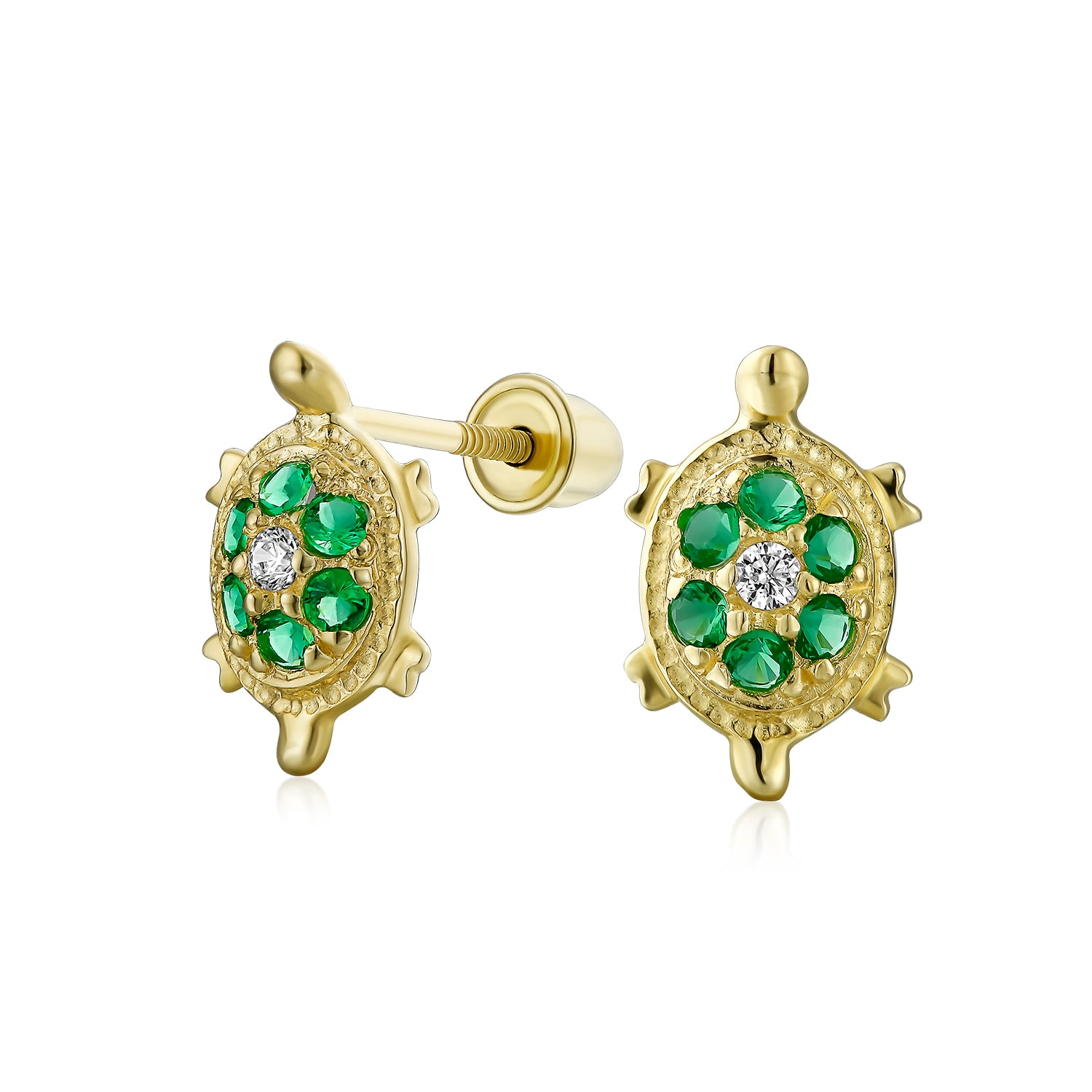 turtle-gold-green-stud-earrings_eh-eje5828h_1 Petite Nautical Pave CZ Green Tortoise 14K Gold Stud Earrings with Secure Back - Image 1