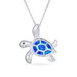 Nautical Blue Created Opal Inlay Turtle Pendant Necklace .925 Sterling Silver
