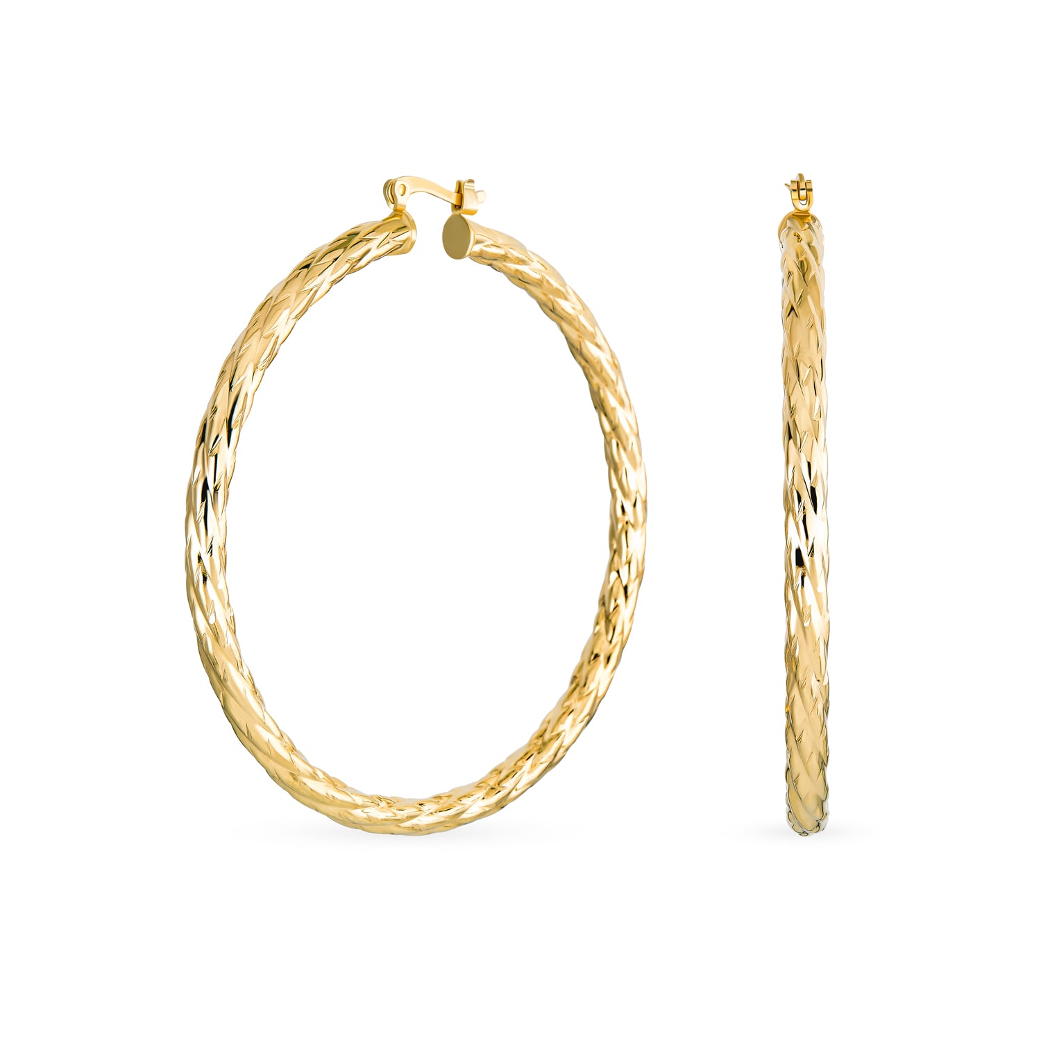 twisted-gold-plated-earrings-hoop-cable_sgx-e22-pluk_1 Rope Cable Wide Hoop Huggie Earrings 18K Gold Plated Brass 2.25 Inch Diameter - Image 1