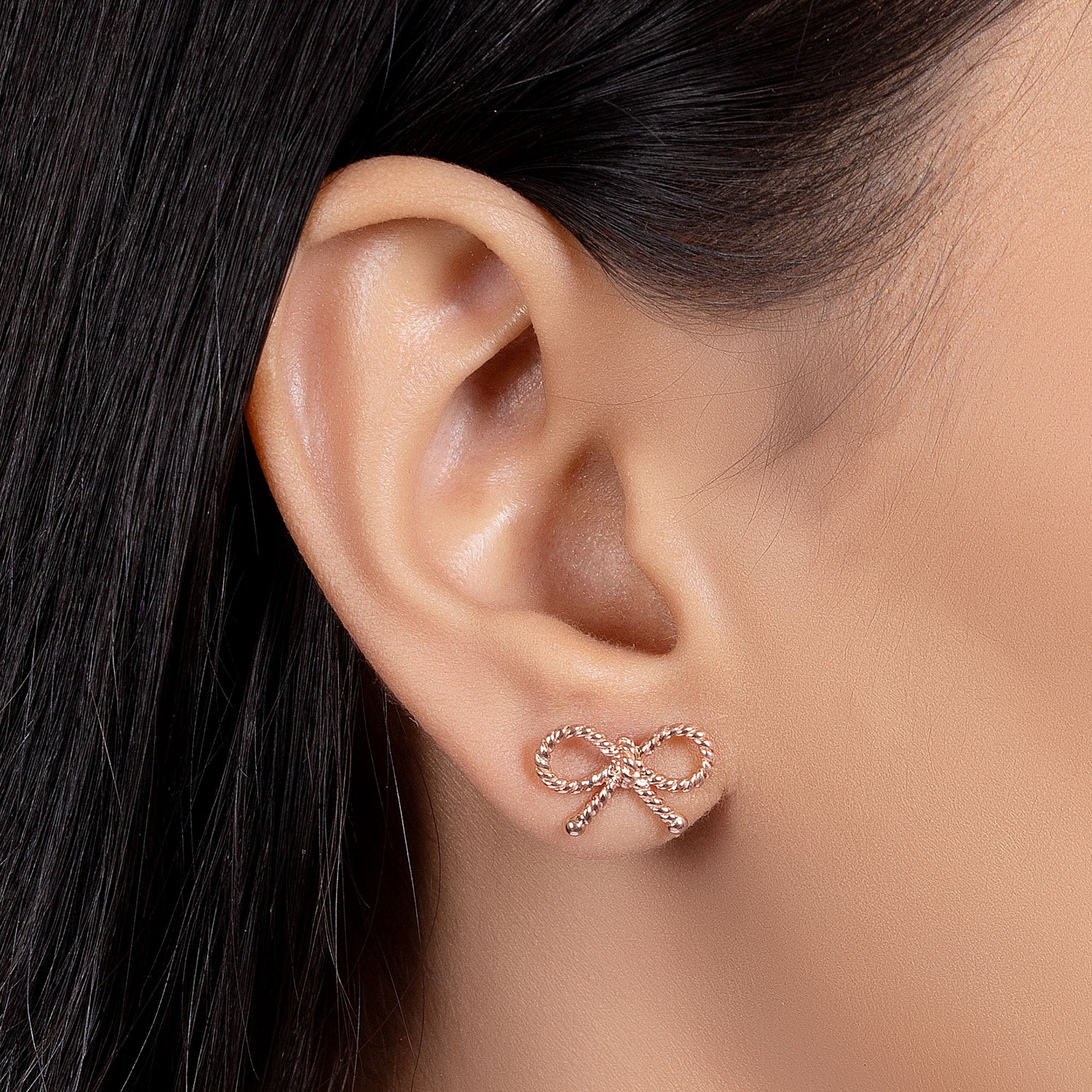 Simple Thin Twist Rope Cable Ribbon Bow Stud Earrings Rose Gold Plated Silver - Image 6
