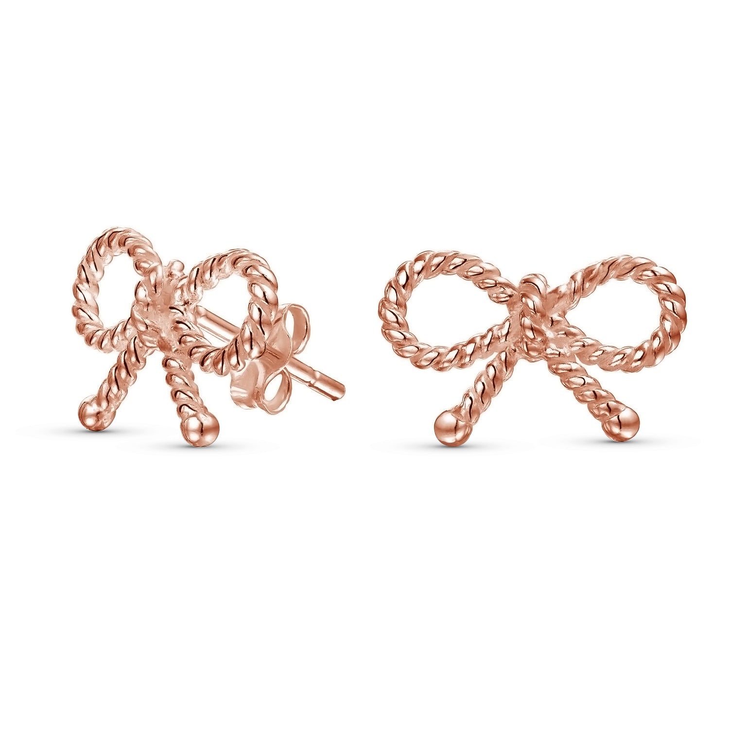 Simple Thin Twist Rope Cable Ribbon Bow Stud Earrings Rose Gold Plated Silver - Image 2