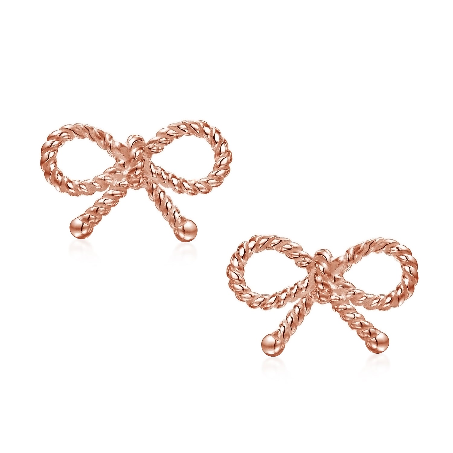 Simple Thin Twist Rope Cable Ribbon Bow Stud Earrings Rose Gold Plated Silver - Image 4