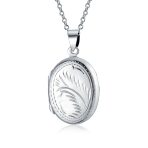 Vintage Style Floral Leaf Design Oval Shape Photo Locket Necklace Pendant .925 Sterling Silver