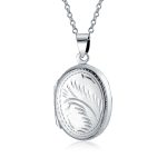 Vintage Style Floral Leaf Design Oval Shape Photo Locket Necklace Pendant .925 Sterling Silver
