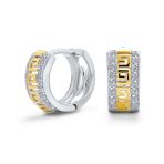 Two Tone Greek Key Cutout Huggies Hoop Earrings CZ Gold Plated Sterling Silver