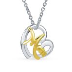 Mother Day Words MOM Heart Pendant Necklace Mother Two Tone Rose Gold Plated .925 Sterling Silver