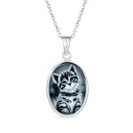Cat Cameo Pendant Necklace Kitten Portrait Black CZ Two Tone .925 Sterling Silver