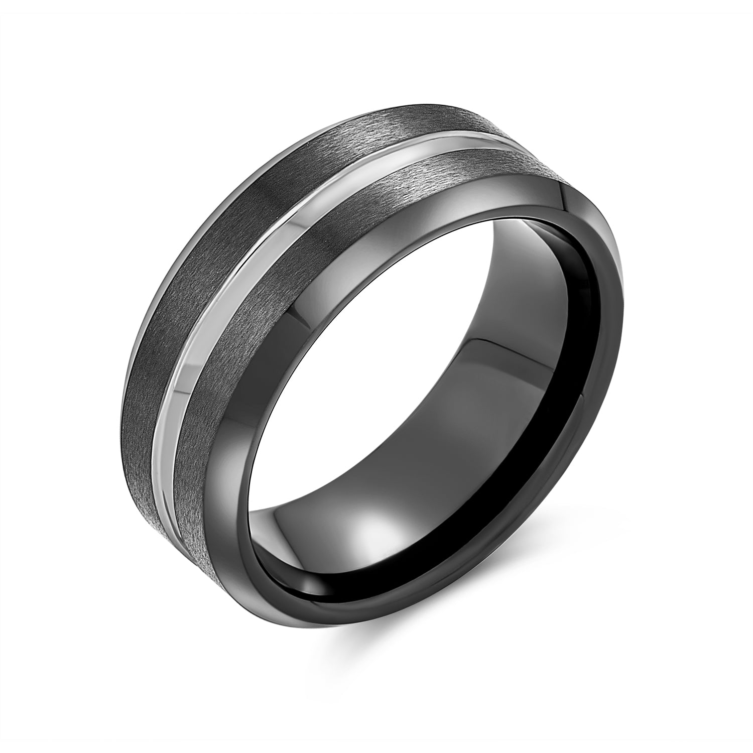 two-tone-tungsten-ring-black-silver_fj-tur-110bp_1 Black Silver Two Tone Center Couples Wedding Band Titanium Rings 8MM - Image 1