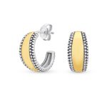Lightweight Dome Caviar Bead Edge Hoop Huggie Earrings Gold Plated Silver