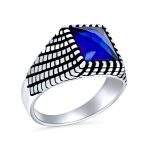 Classic Brick Accent Rectangle Blue CZ Signet Ring Oxidized Sterling Silver