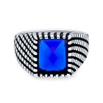 Classic Brick Accent Rectangle Blue CZ Signet Ring Oxidized Sterling Silver - Image 2