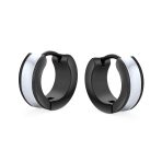 Unisex Two Tone Striped Black Enamel Huggies Mini Hoop Earrings Stainless Steel - Image 4