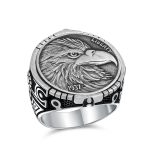 Mens Silver Ring Patriotic USA Eagle Head Coin Design Oxidized .925 Sterling