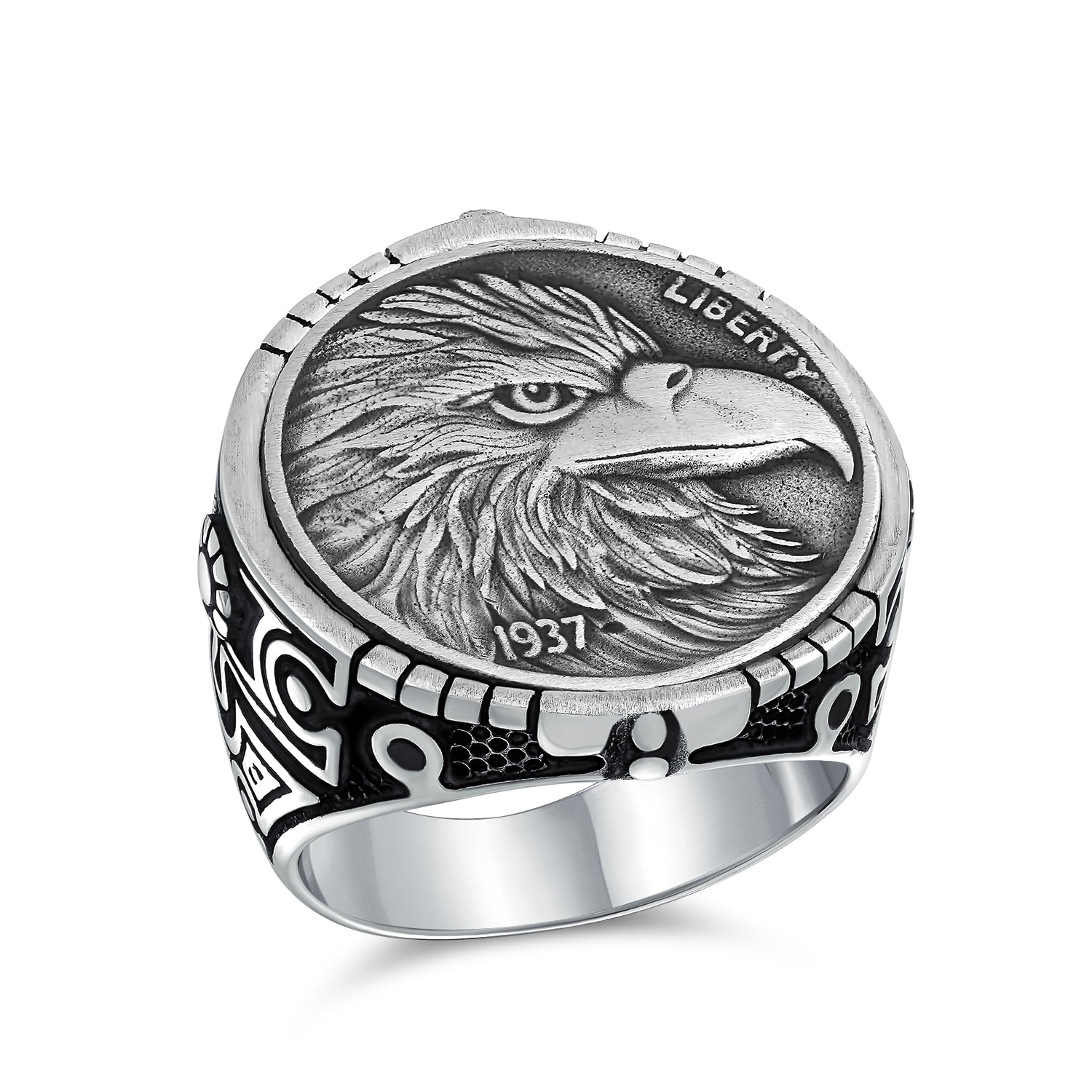 usa-bird-ring-hobo-novelty_pts-zky1263_1 Mens Silver Ring Patriotic USA Eagle Head Coin Design Oxidized .925 Sterling - Image 1