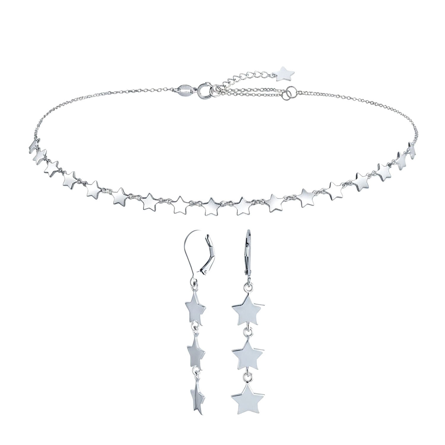 usa-patriotic-rock-star-choker-chic-earring-silver_pfs-15-1352-set-az American Patriotic Celestial Rock Star Collar Necklace & Dangle Earrings Set - Image 1