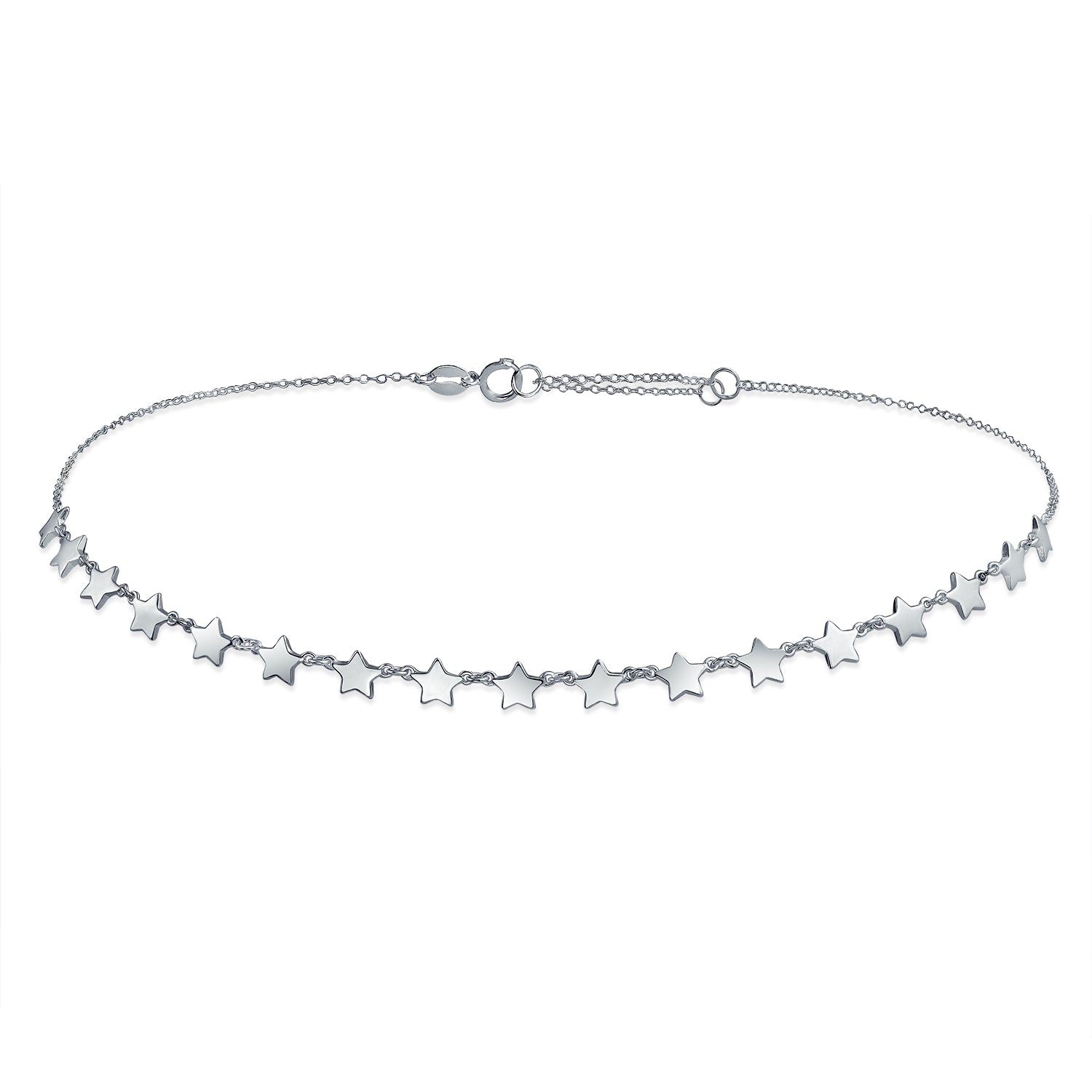 usa-patriotic-rock-star-choker-silver_pfs-15-1352s_1 American USA Patriotic Celestial Rock Star Super Stars Thin Collarbone Necklace Sterling Silver Adjustable - Image 1