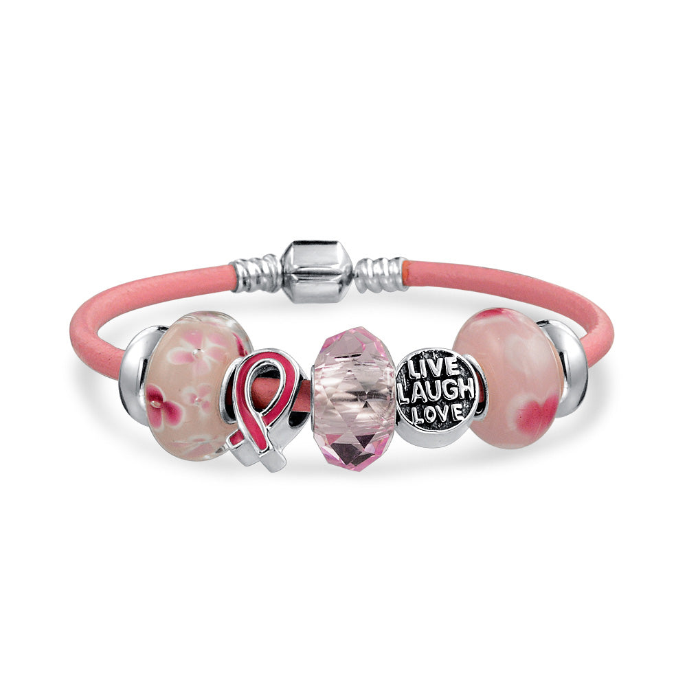 v-br-pnk2__1 Live Love Laugh Breast Cancer Survivor Pink Ribbon Charm Leather Bracelet Sterling Silver - Image 1