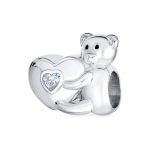 Valentine Heart Teddy Bear CZ Charm Bead for Tween Daughter Silver Bracelet