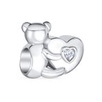 Valentine Heart Teddy Bear CZ Charm Bead for Tween Daughter Silver Bracelet - Image 2
