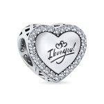 Valentine I LOVE YOU Crystal Bead Charm Heart Sterling Silver for Bracelet
