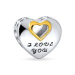 Valentine "I LOVE YOU" Heart Charm Bead Two-Tone Gold Plated Sterling Silver