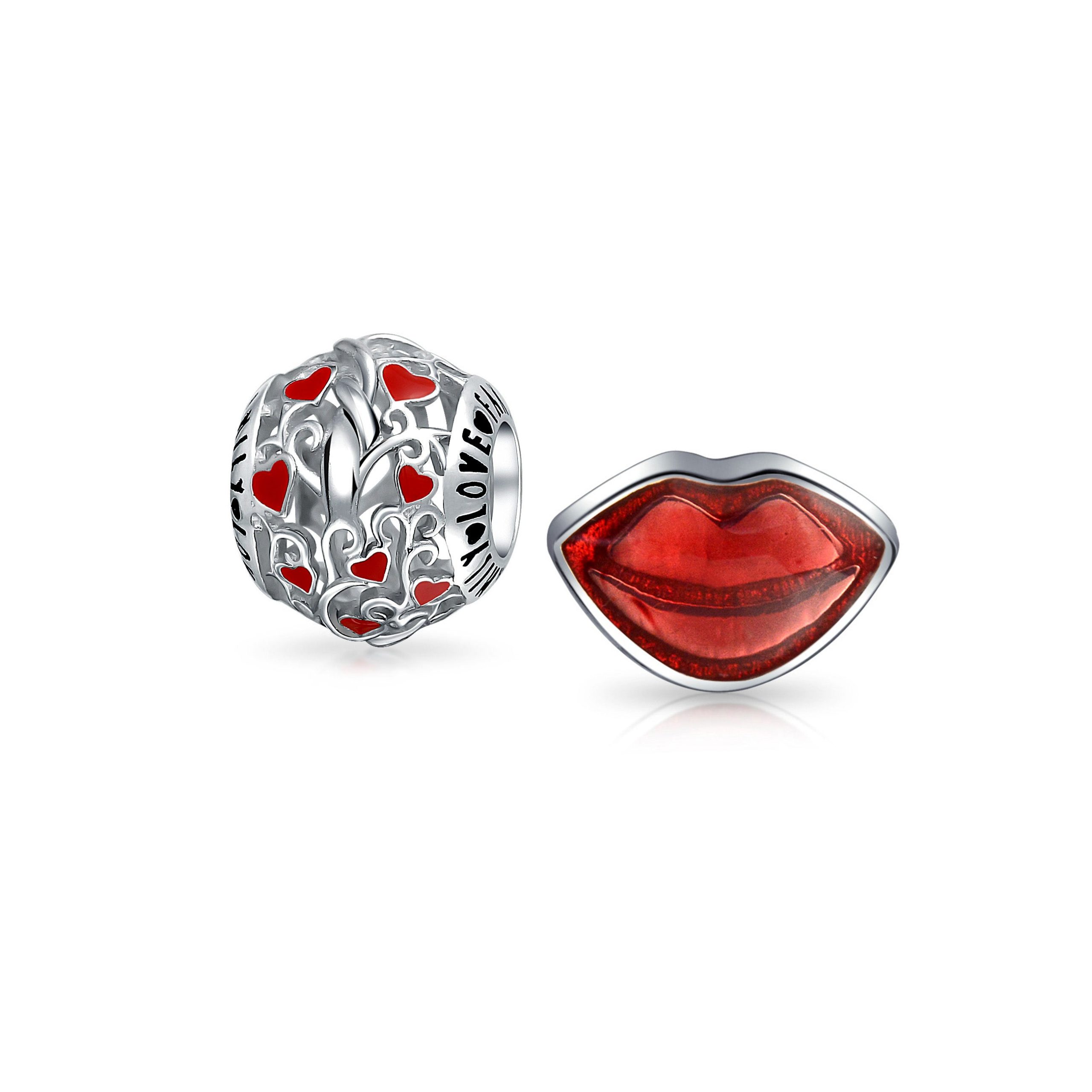valentine-red-lips-charm-pbx-he-611-set-az Set of 2 Valentine Kiss Lips & Red I Love You' Heart Charm Bead Sterling Silver Fits European Bracelet - Image 1