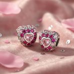 Set of 2 Pink CZ Pave Heart Charm Bead Sterling Silver for European Bracelet - Image 2