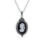 Vintage Black Frame Mother of Pearl Cameo Pendant Necklace