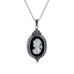 Vintage Black Frame Mother of Pearl Cameo Pendant Necklace