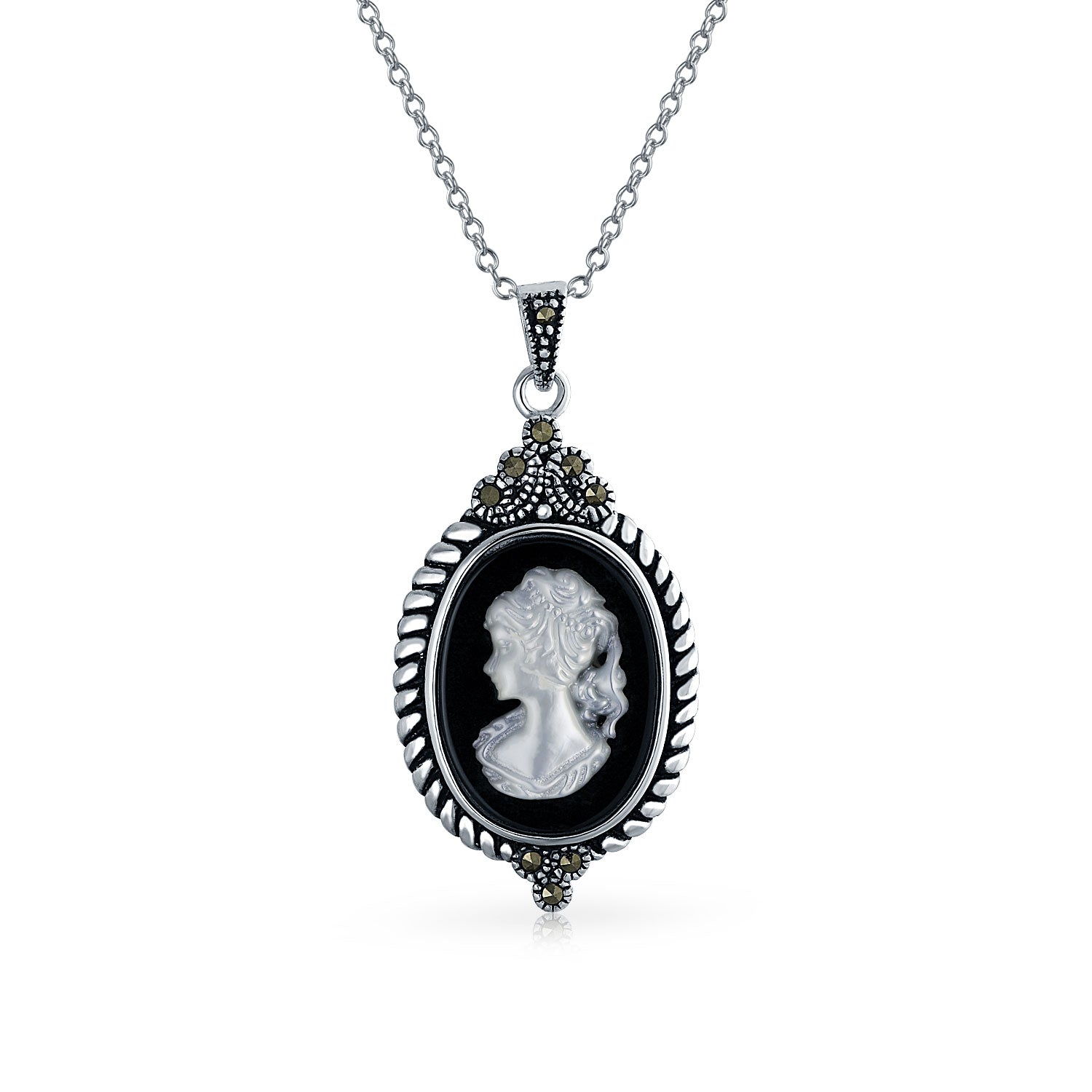 victorian-lady-portrait-pendant-silver_wj-bwp7080-08_1 Vintage Black Frame Mother of Pearl Cameo Pendant Necklace - Image 1