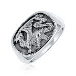 Men's Statement Dragon Signet Ring Rectangle Gothic Shield Oxidized .925 Sterling Silver