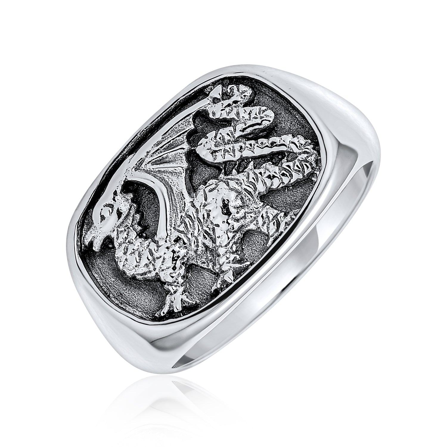 viking-dragon-ring-sterling-silver_ps-tr1399-10_1 Men's Statement Dragon Signet Ring Rectangle Gothic Shield Oxidized .925 Sterling Silver - Image 1