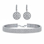 Bridal 5-Row Crystal Choker Necklace & Vintage CZ Compass Dangle Earrings Set